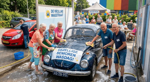 Senioren wassen samen een klassieke auto tijdens een gezellige wasmiddag bij Washprof.
